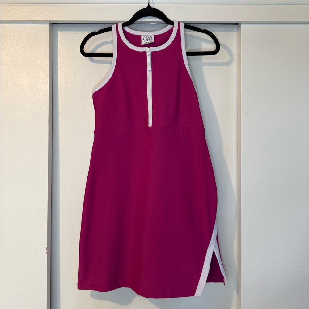 Pink Halter-Style Zip-Front Athletic Dress with White Trim - Picture 2 of 9